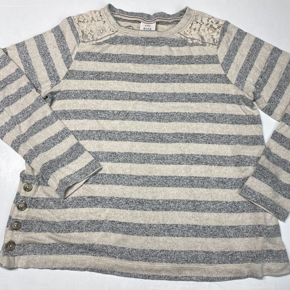 Knox Rose Striped Top XL Beige/Gray Stretchy Knit Long Sleeve Shirt Lace Accent